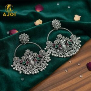 Oxidised Silver Chandbali Earrings – Floral Design with...
