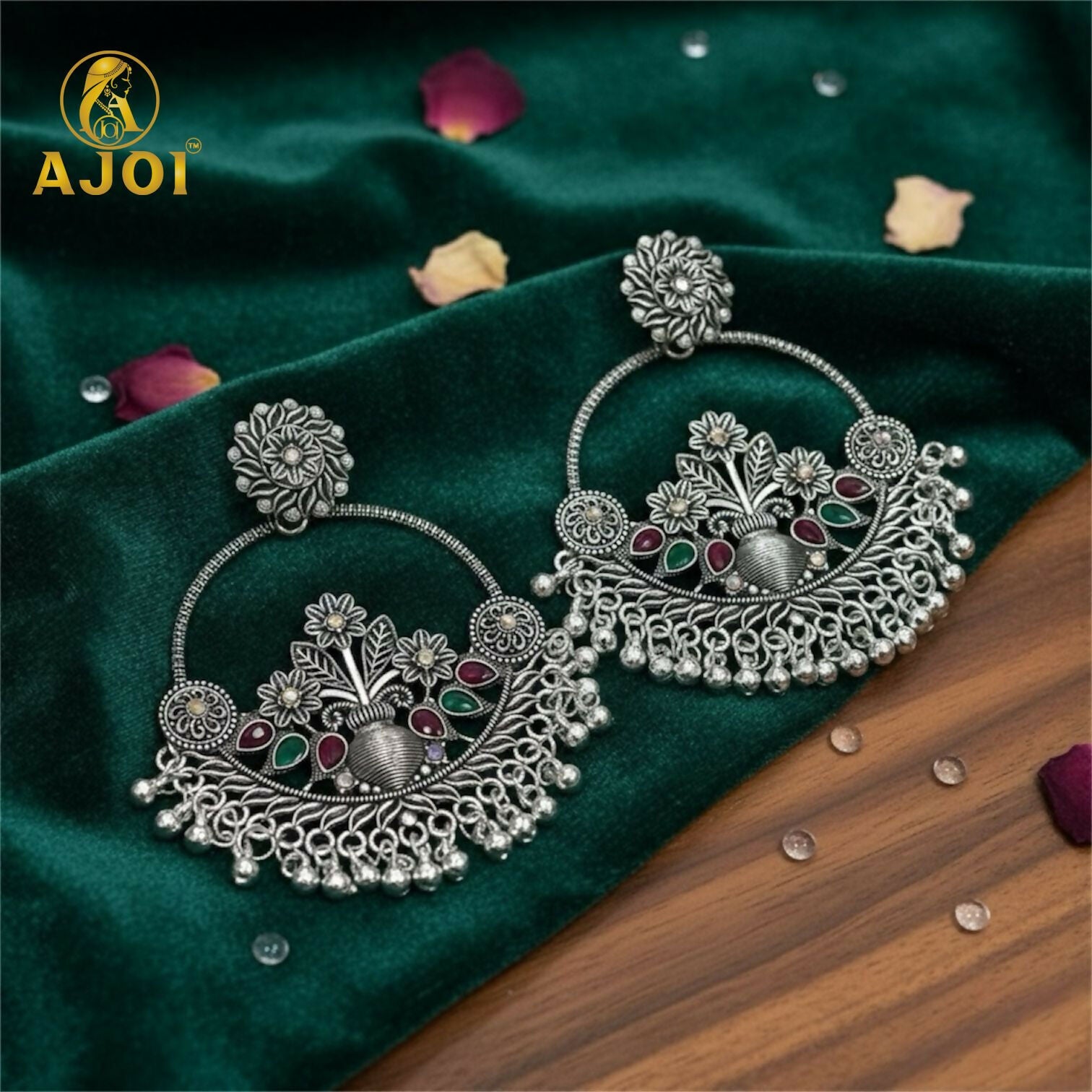 Oxidised Silver Chandbali Earrings – Floral Design with...