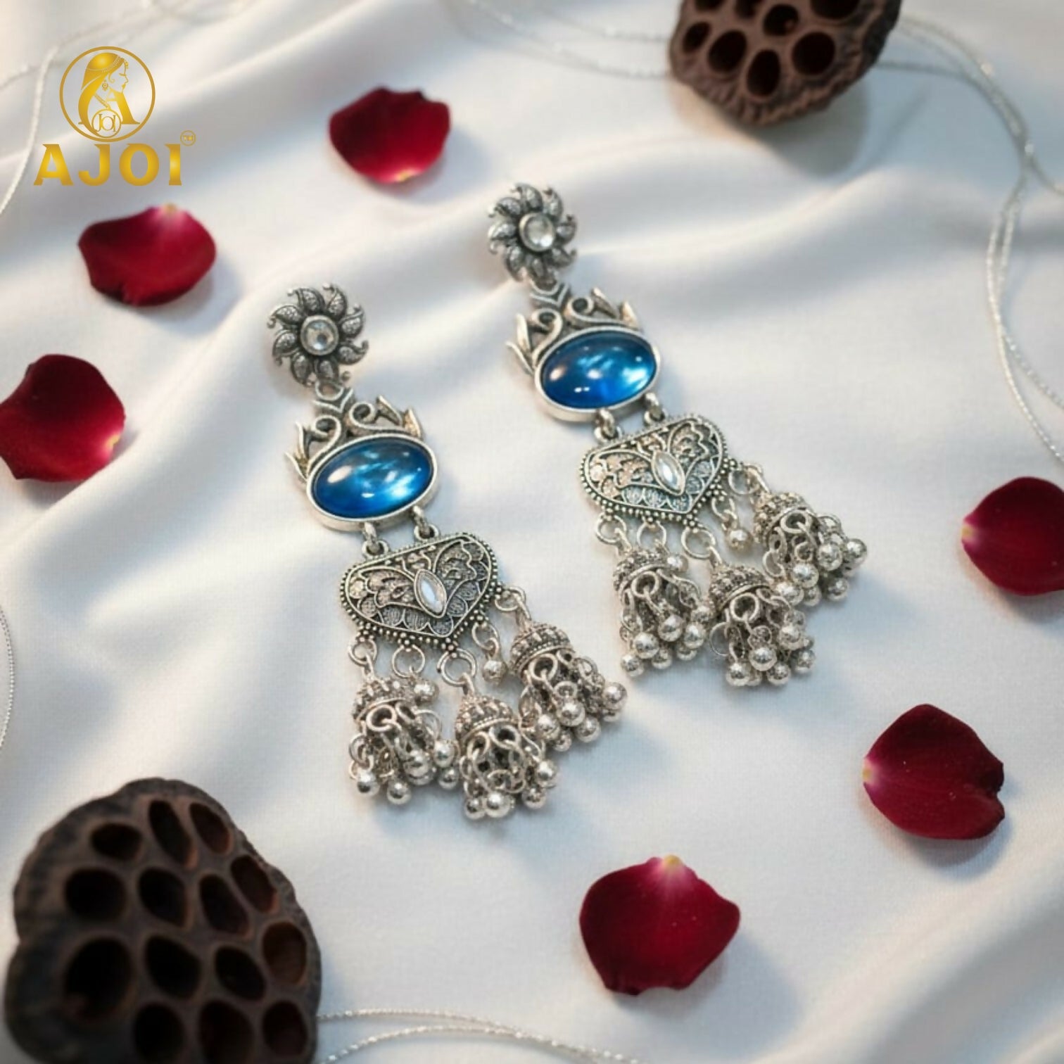 Oxidized Silver Turquoise Jhumka Earrings – Intricate Fil...