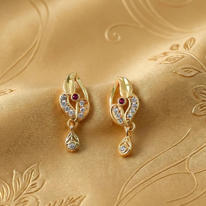 Gold Finish Earrings with Red Stone & Crystal... - Image 2