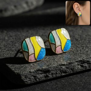 Multicolor Enamel Stud Earrings – Korean Style Geometric...