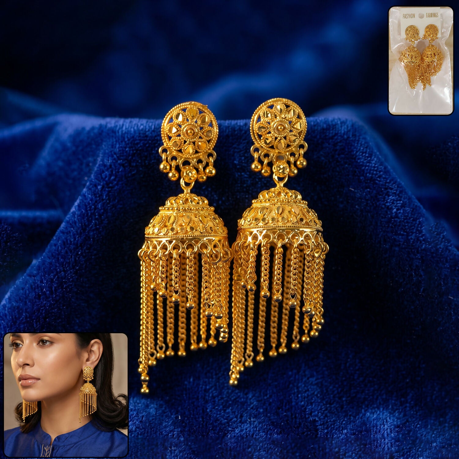 Golden Long Tassel Jhumka Earrings – Traditional Festive...