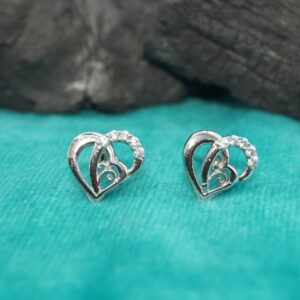 Silver-Plated Heart Stud Earrings – Elegant Double Heart...