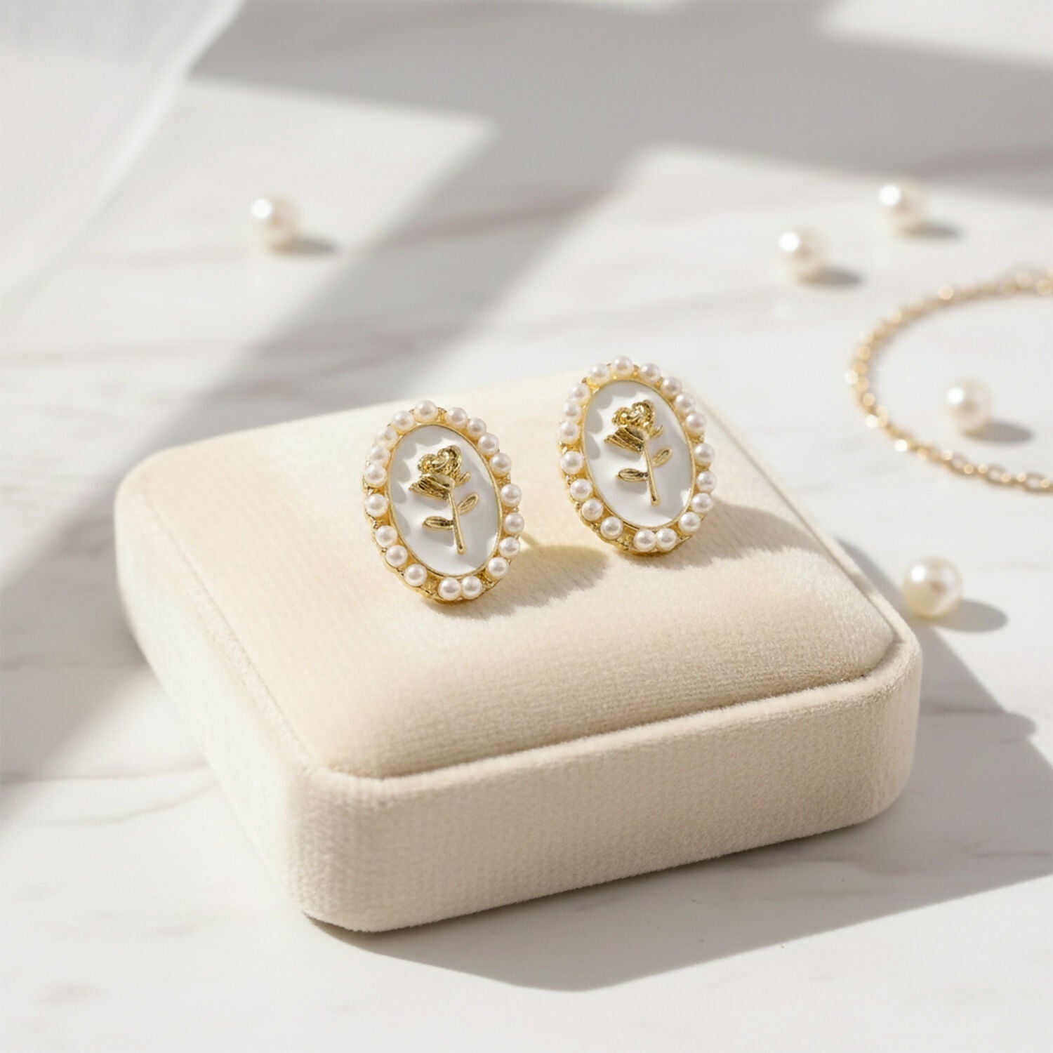 Pearl Stud Earrings – Elegant Gold Plated Rose... - Image 2
