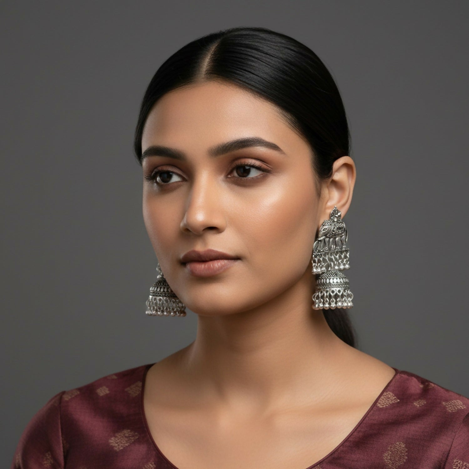 Elephant Jhumka Earrings – Traditional Silver Finish for... - Image 2
