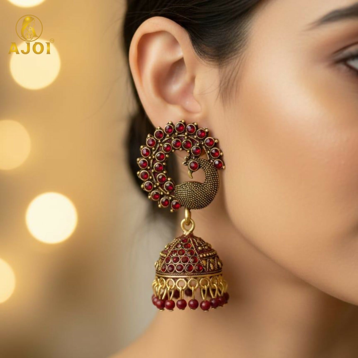 Peacock Jhumka Earrings – Royal Maroon Antique Gold... - Image 2