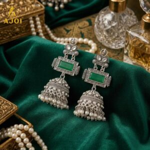 Oxidized Silver Jhumka Earrings – Deep Green Stone...