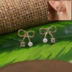 Bow-Knot Crystal Pearl Stud Earrings – Korean Minimalist...