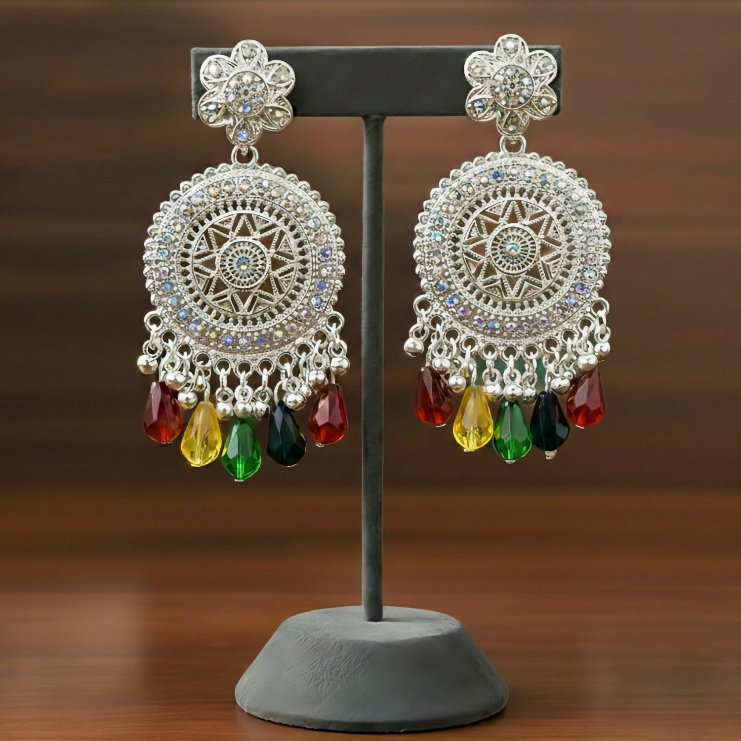 Oxidized Silver Mandala Drop Earrings with Multi-Color Cr... - Image 2