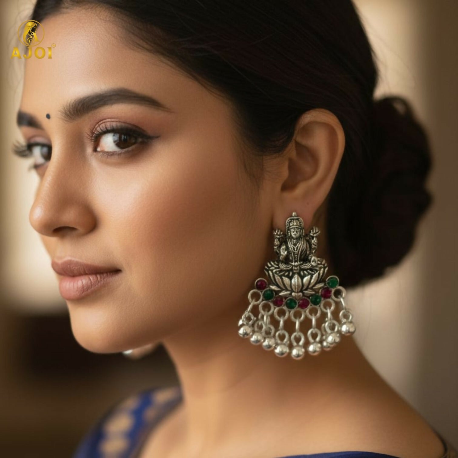Lakshmi Idol Stud Earrings in Oxidized Silver with... - Image 2
