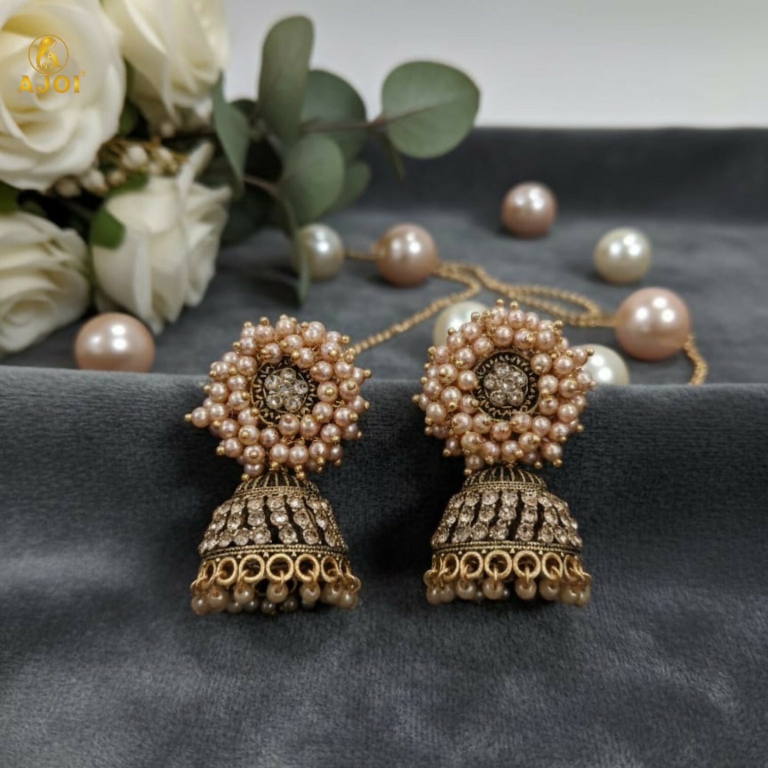 Antique Gold Jhumka Earrings – Elegant Pearl Cluster...