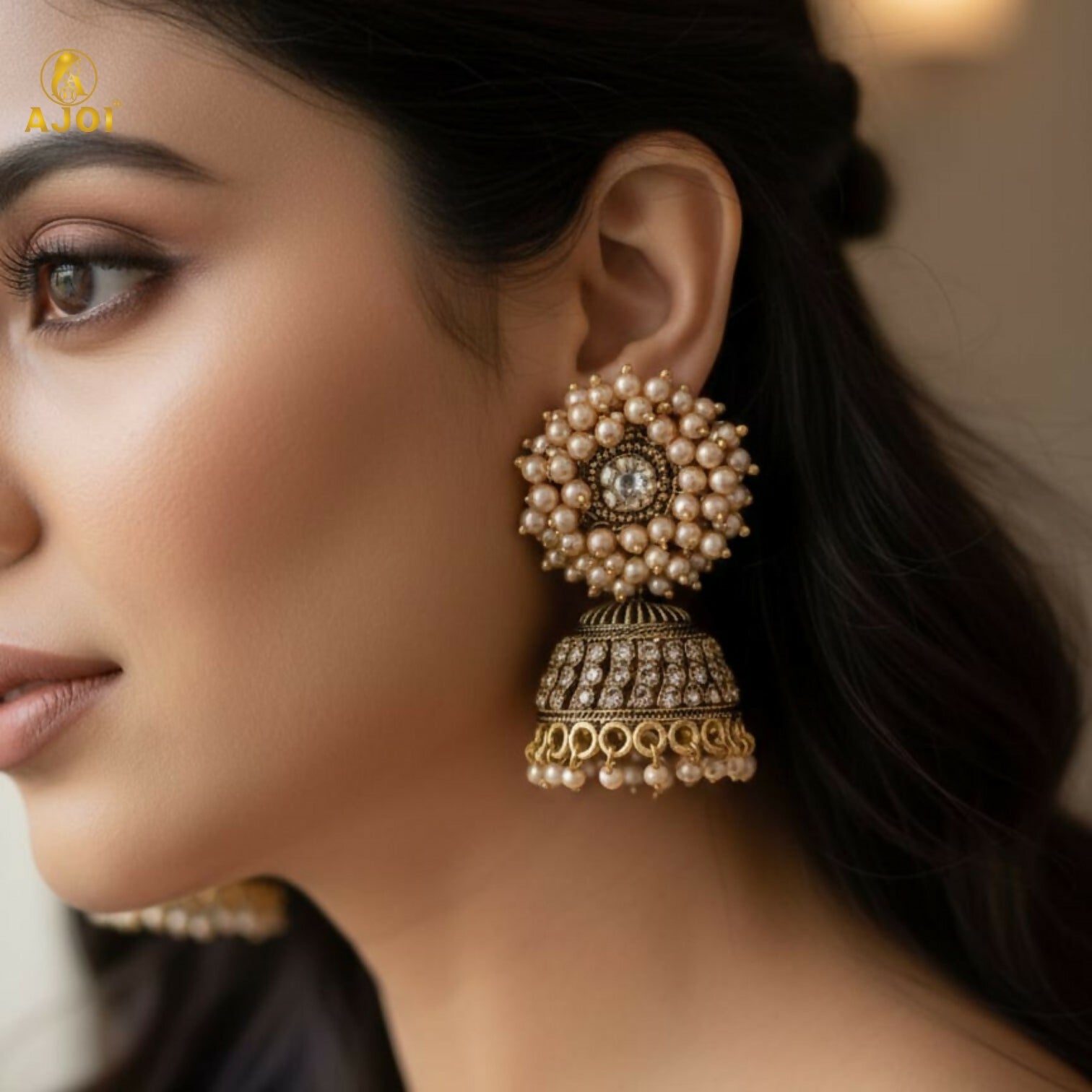 Antique Gold Jhumka Earrings – Elegant Pearl Cluster... - Image 2