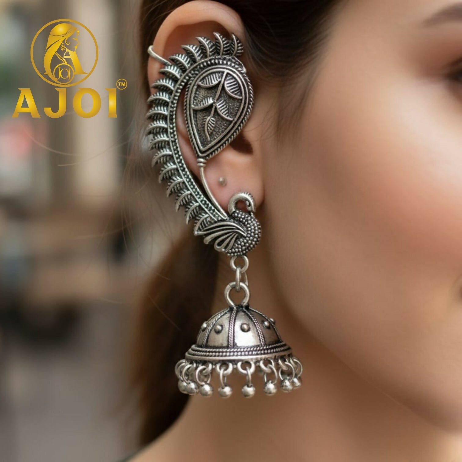 Peacock Jhumka Silver Earrings – Handcrafted Heritage Design - Image 2