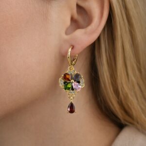 Multicolor Crystal Floral Hoop Earrings – Elegant Gold-To...