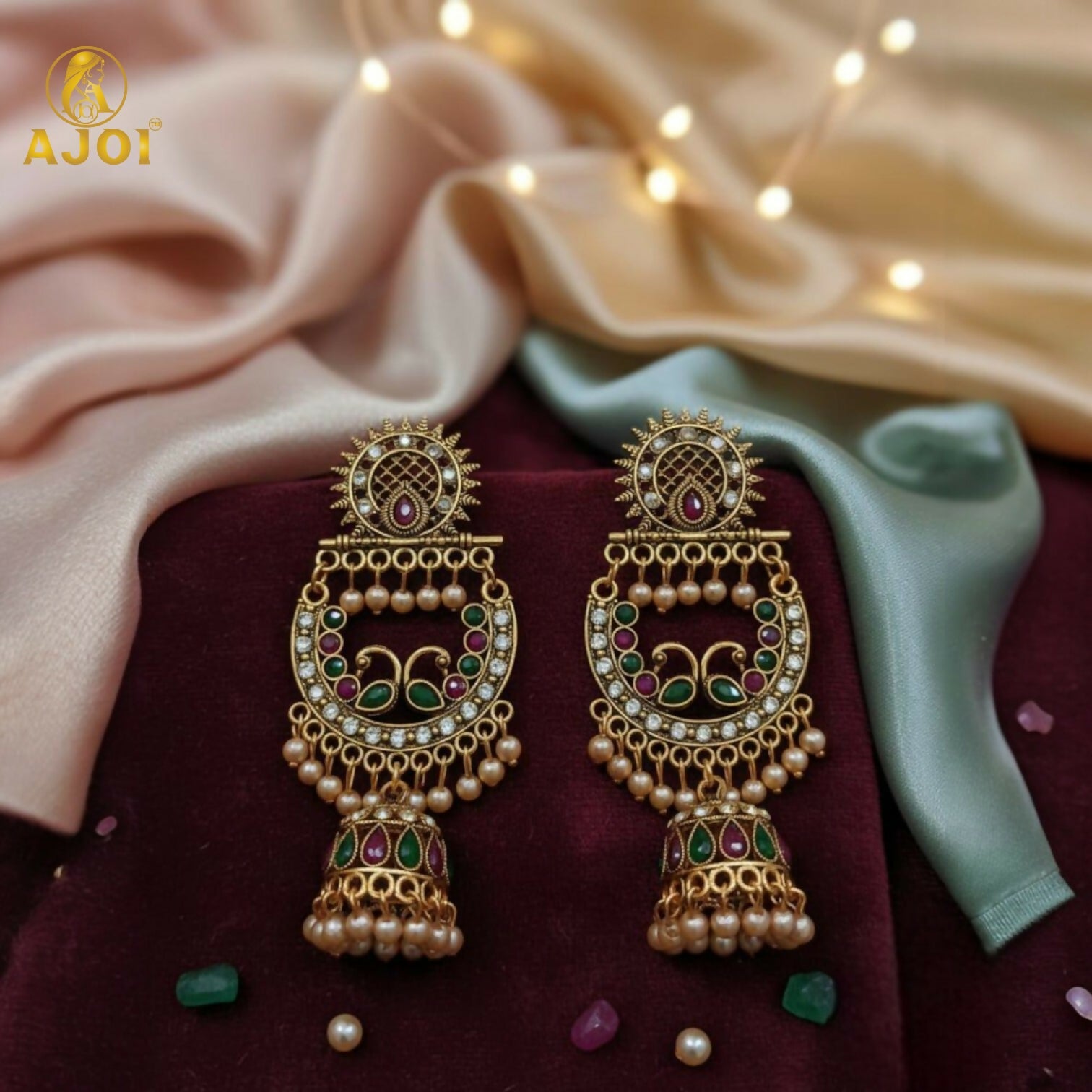 Peacock Motif Antique Gold Finish Chandbali Earrings –...