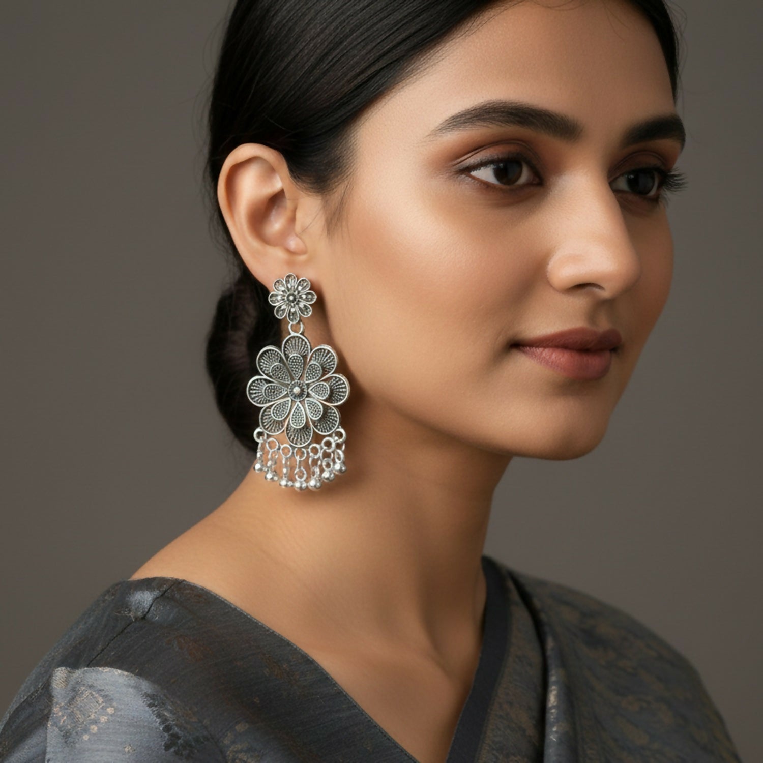 Oxidised Silver Jhumka Earrings – Layered Floral Design - Image 2