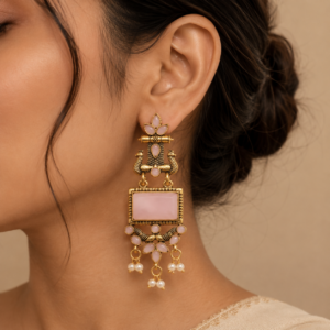 Oxidised Chandbali Earrings – Pink Stone Peacock Design...