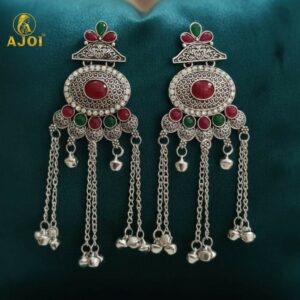 Kashmiri Oxidised Silver Long Earrings – Ethnic Floral...