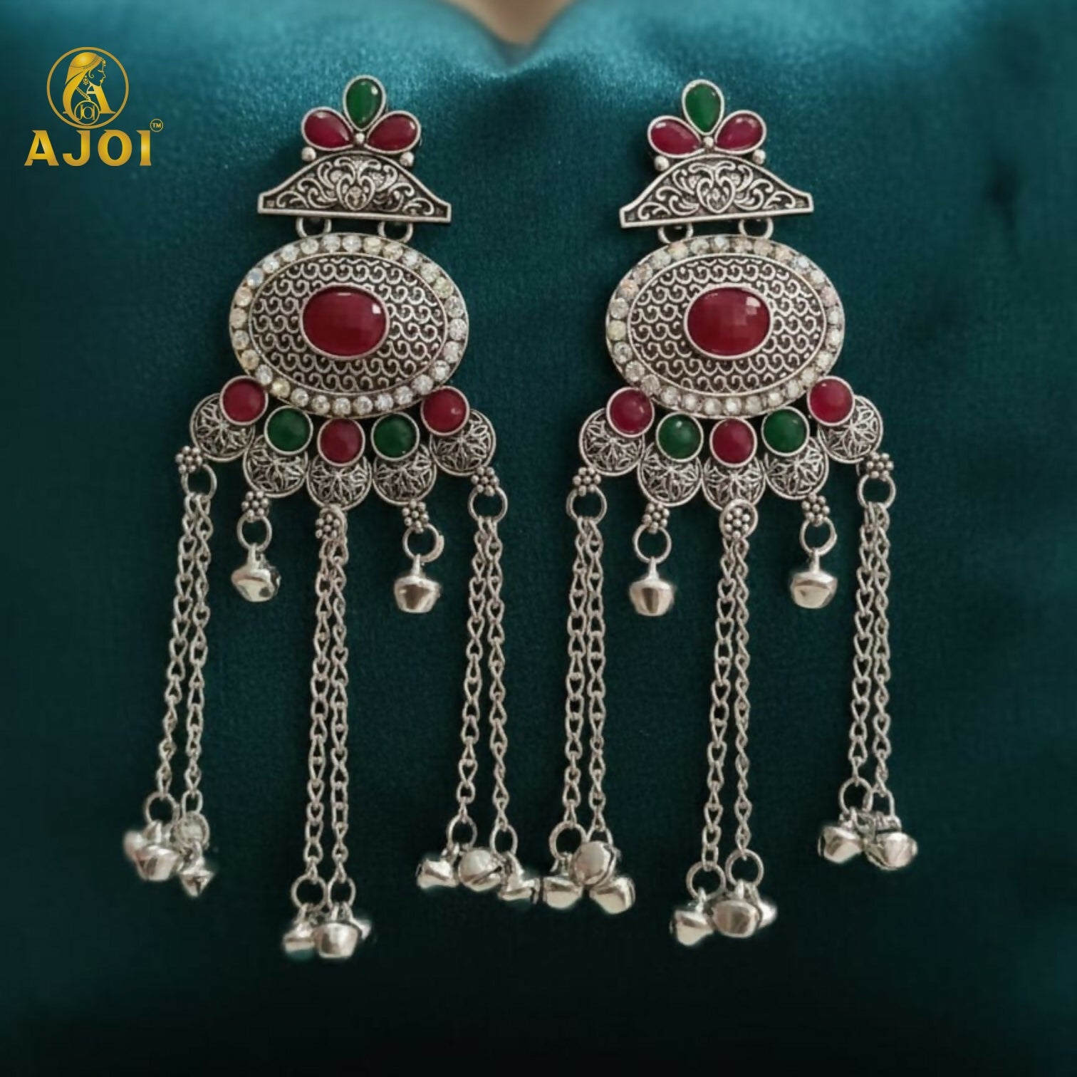 Kashmiri Oxidised Silver Long Earrings – Ethnic Floral...