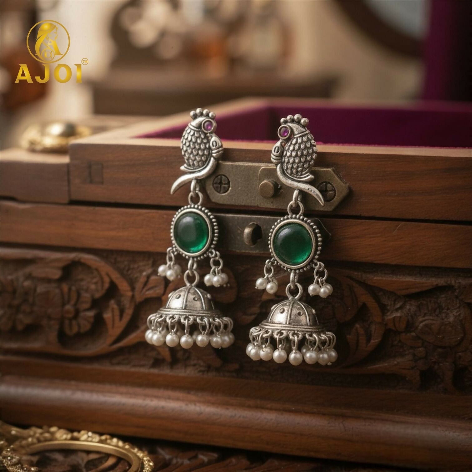Peacock Jhumka Earrings – Antique Silver with Emerald... - Image 2