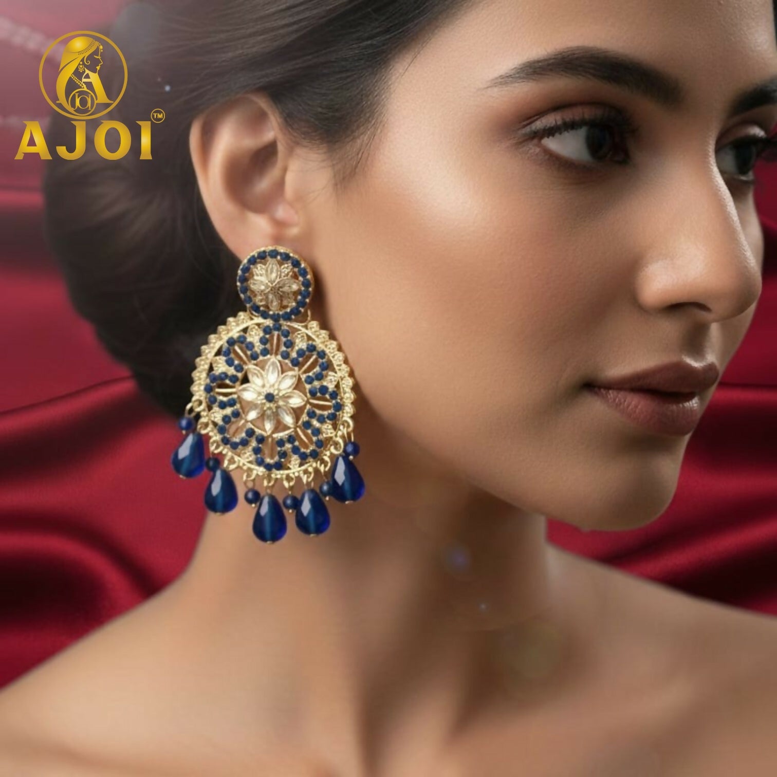 Blue Floral Statement Earrings – Elegant royal blue... - Image 2