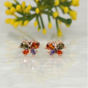 Butterfly Stud Earrings – Multi-Color CZ Rose Gold...