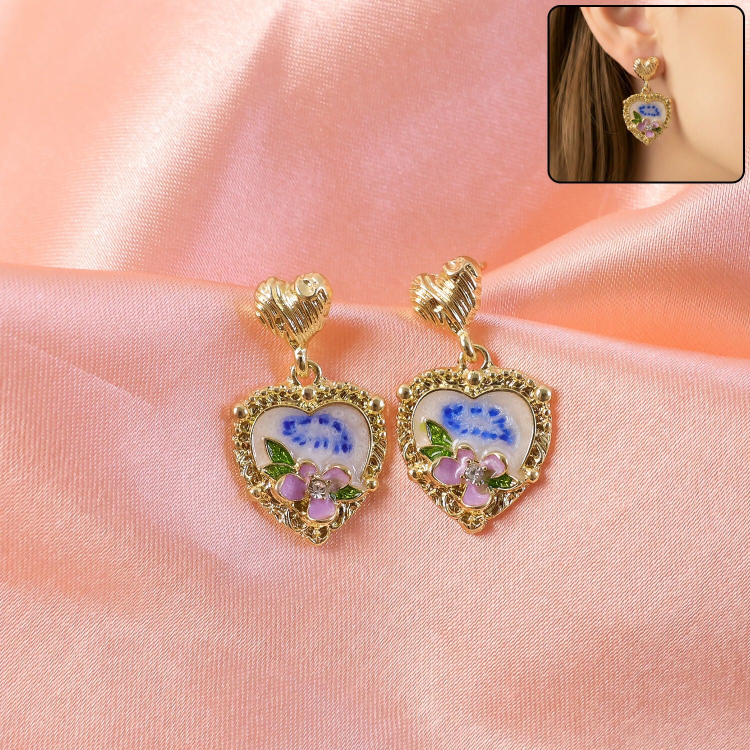 Korean Heart Floral Drop Earrings – Gold Plated...