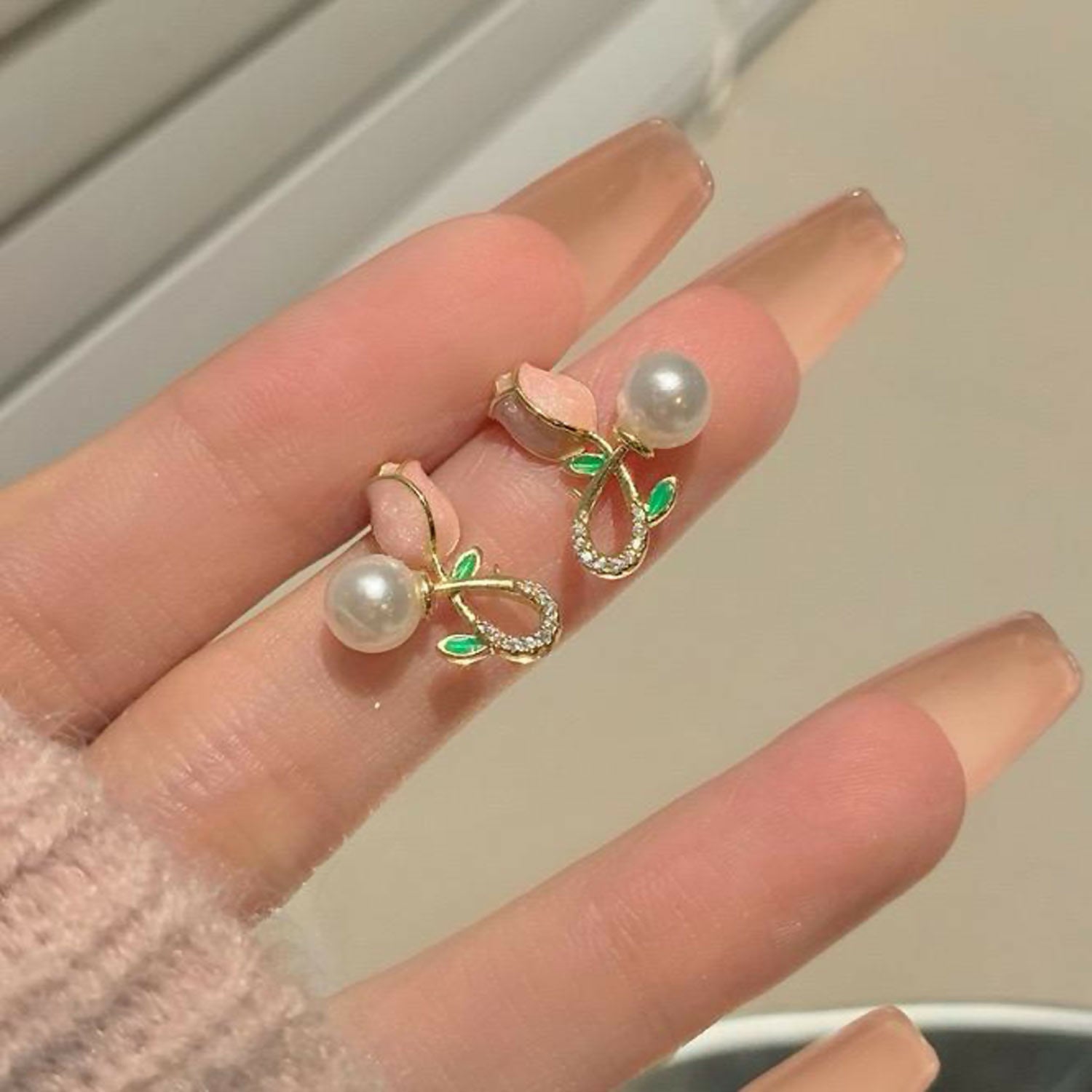 Pink Tulip Pearl Earrings – Elegant Korean Style... - Image 2