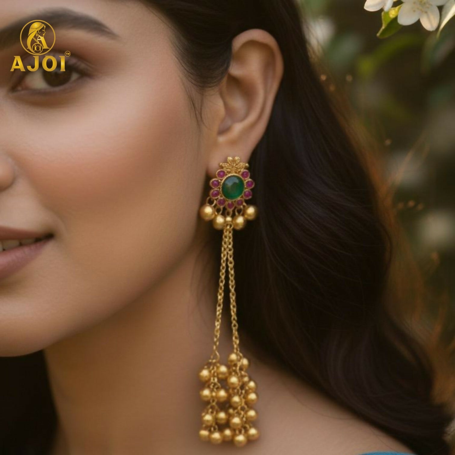Kashmiri Gold-Plated Ear Cuff Earrings with Emerald &... - Image 2