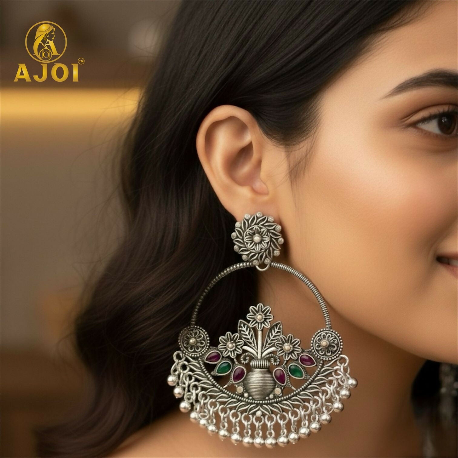 Oxidised Silver Chandbali Earrings – Floral Design with... - Image 2
