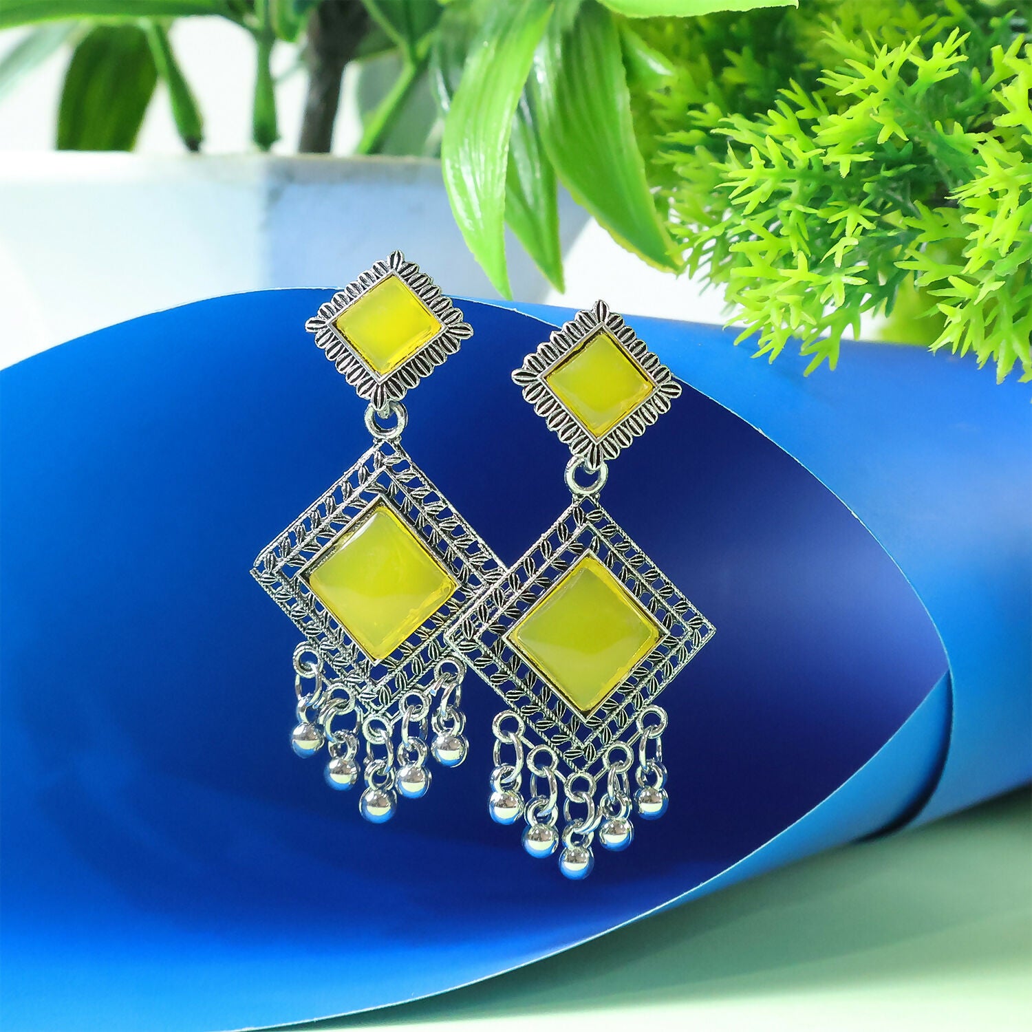 Oxidised Dangler Earrings – Traditional Indian Yellow Mon... - Image 2