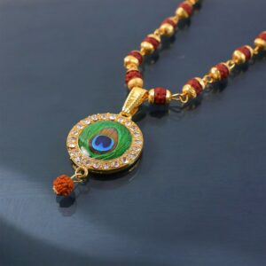 Gold Plated Peacock Feather Pendant Necklace with Rudraksha Mala