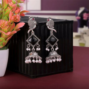 Oxidised Silver Parrot Design Jhumka Earrings with Black...