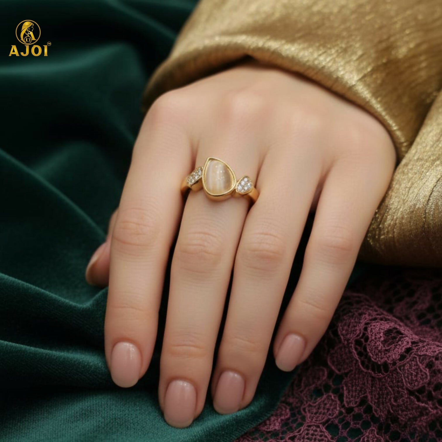 Cat Eye Stone Designer Ring – Premium Gold Plated Elegance - Image 2