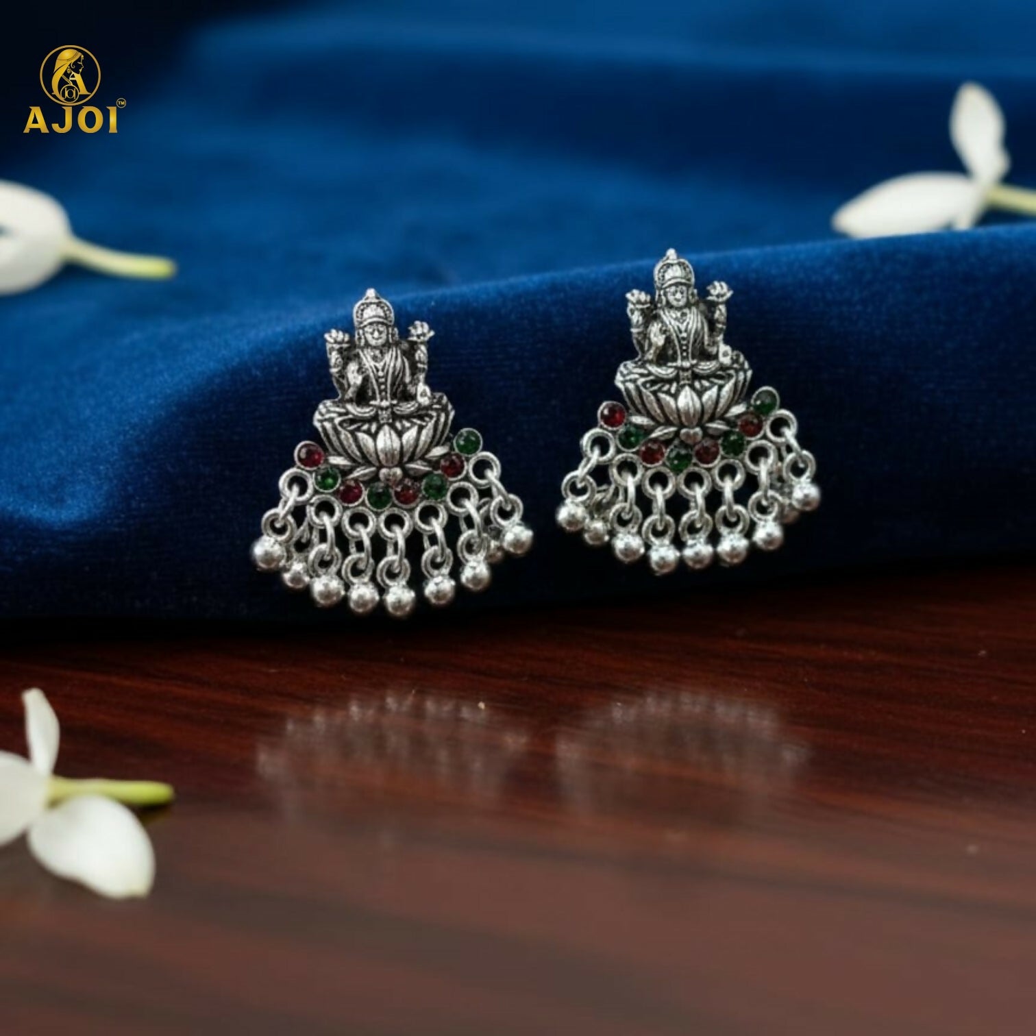 Lakshmi Idol Stud Earrings in Oxidized Silver with...