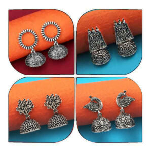 Oxidised Jhumki Earrings Combo – Traditional Silver Plate...