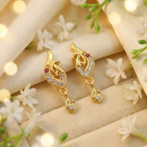 Gold Leaf Drop Earrings – Elegant Stone-Studded Design