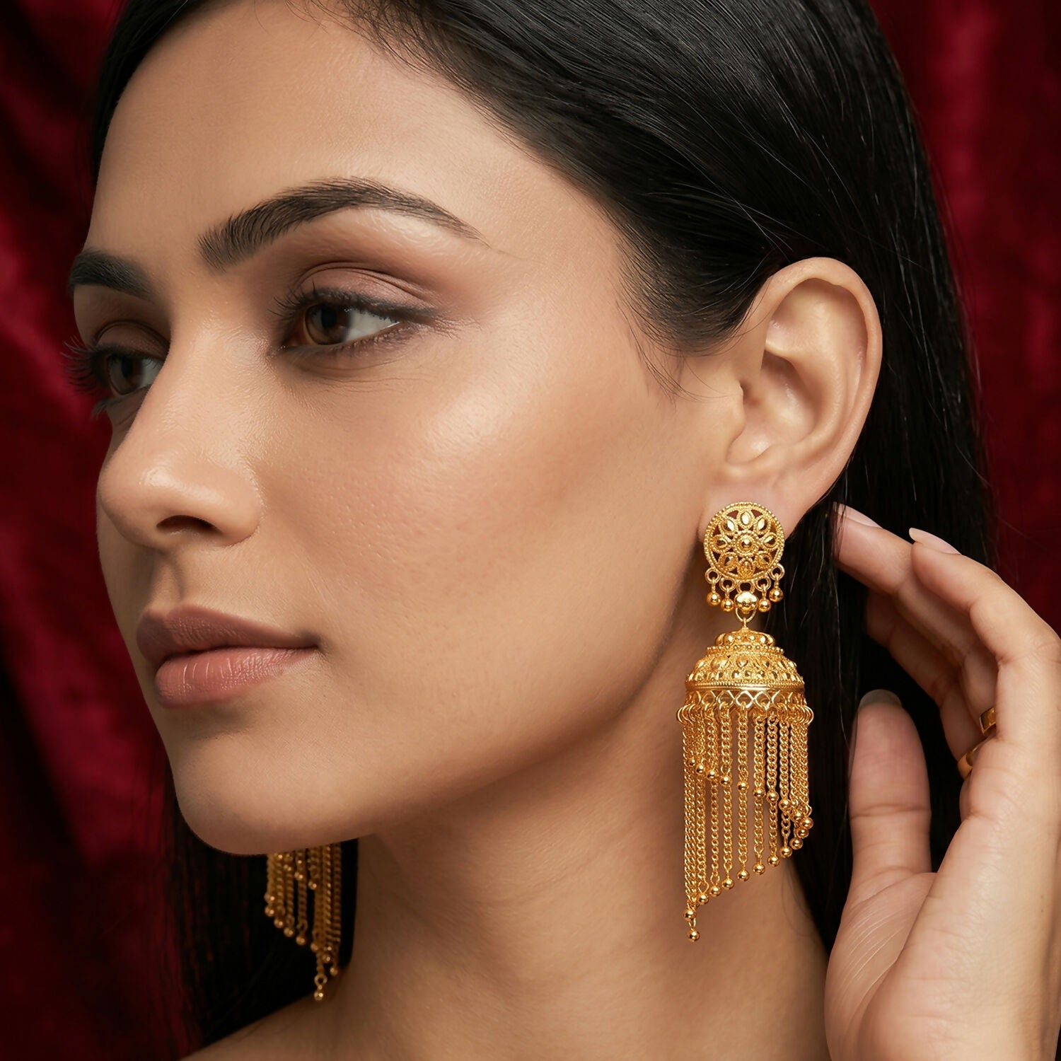 Golden Long Tassel Jhumka Earrings – Traditional Festive... - Image 2