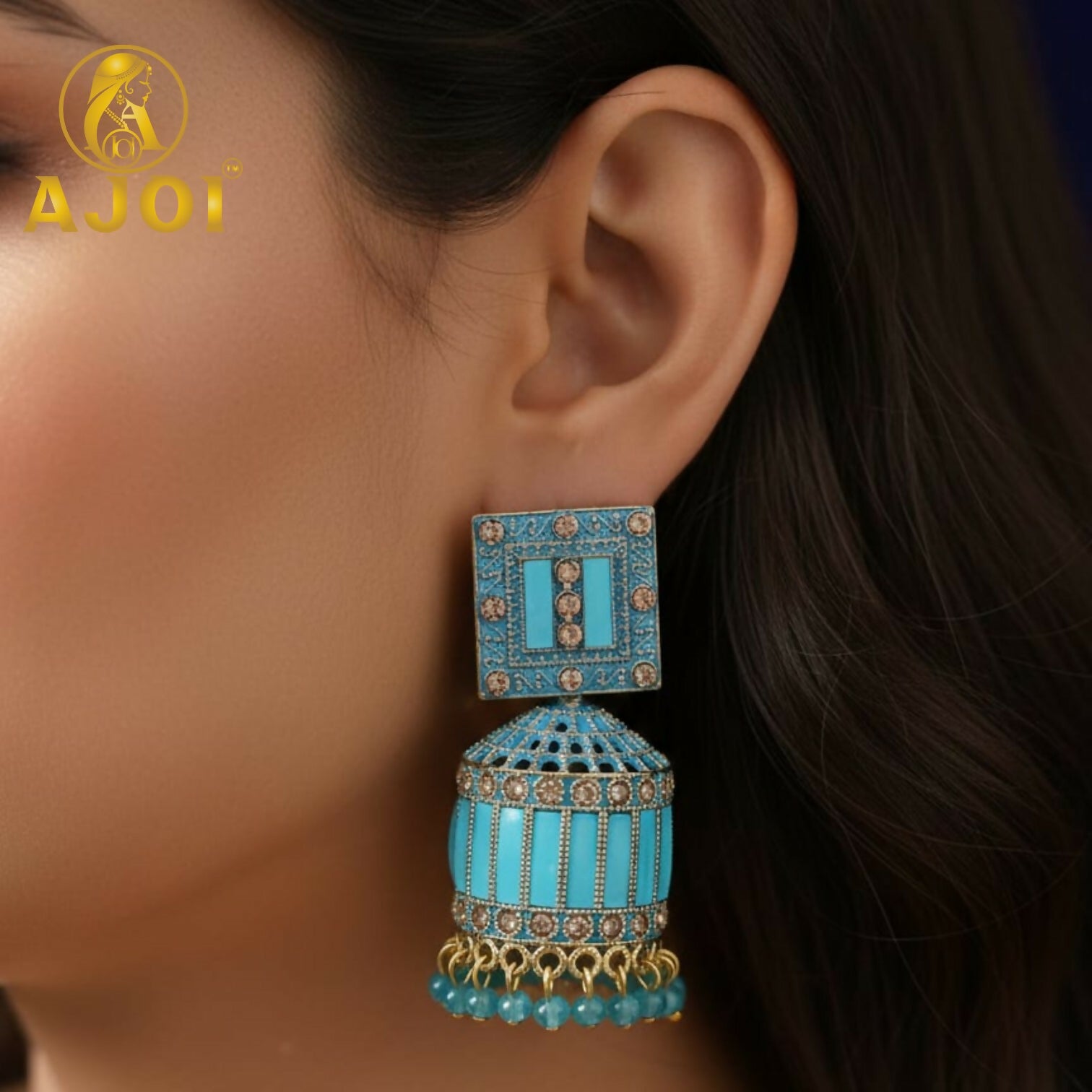 Turquoise Blue Designer Earrings – Elegant Gold Drop... - Image 2