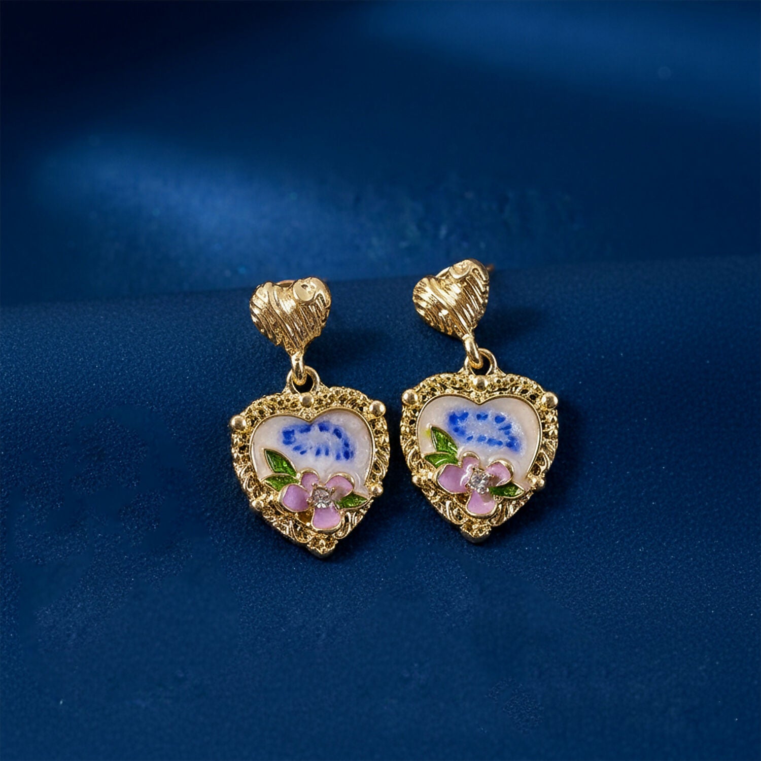 Korean Heart Floral Drop Earrings – Gold Plated... - Image 2