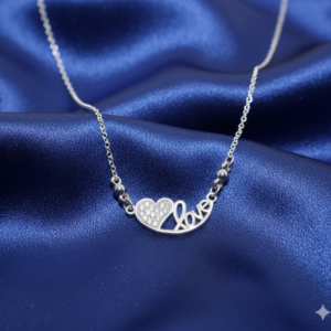 Heart Pendant Necklace – Silver Tone Love Script with CZ Pave