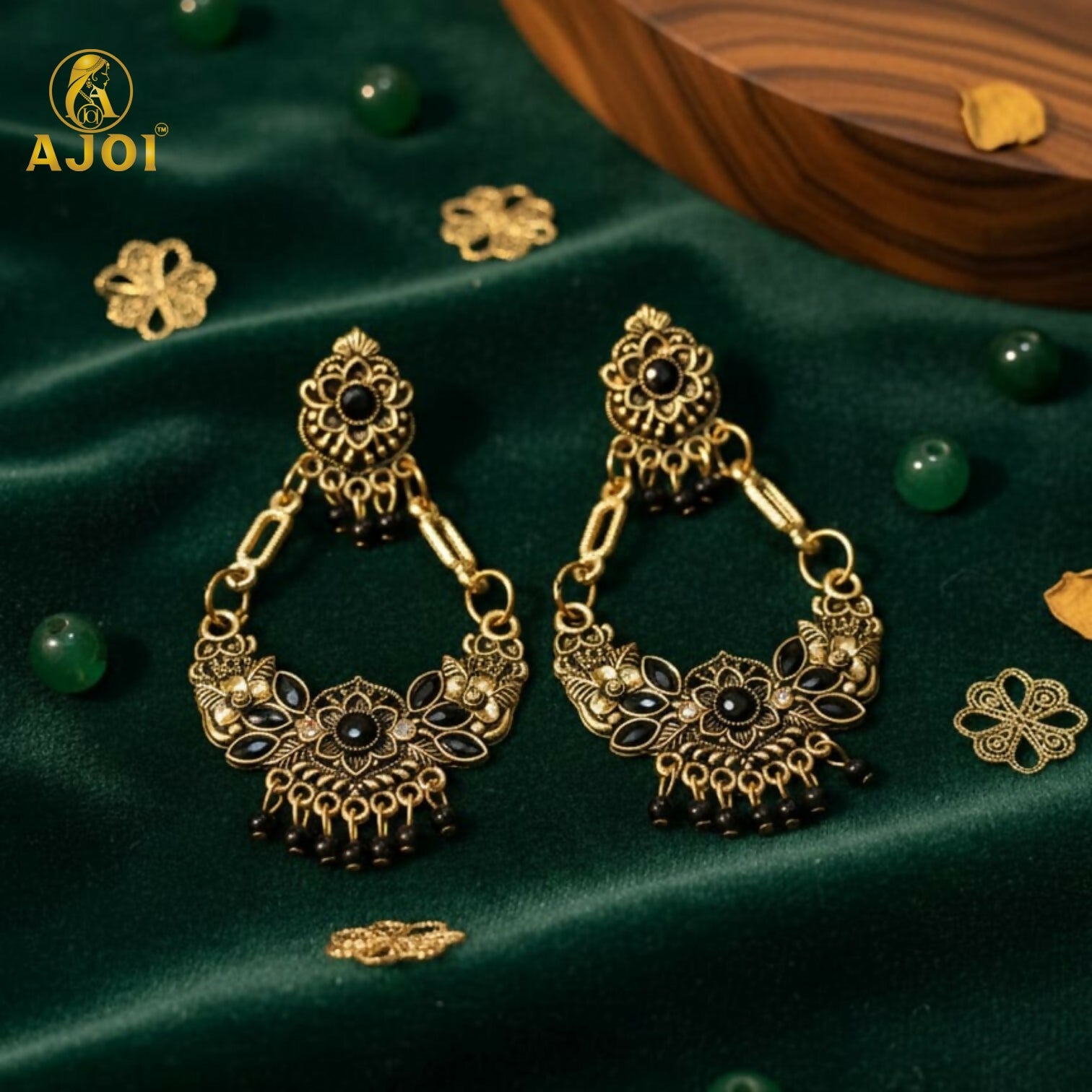 Chandbali Earrings – Antique Gold-Plated Floral with Blac...
