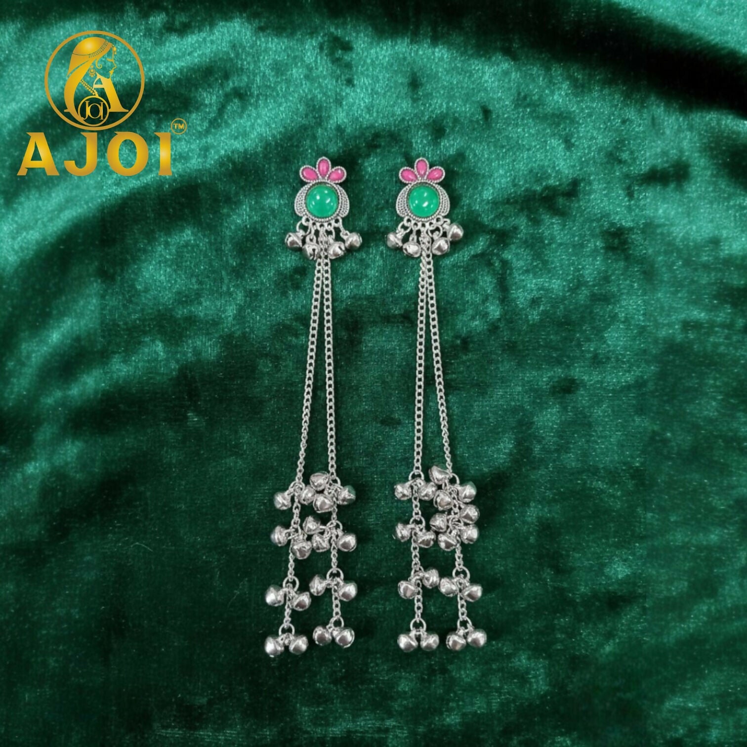 Green Stone Silver Ghungroo Chain Earrings – Regal...