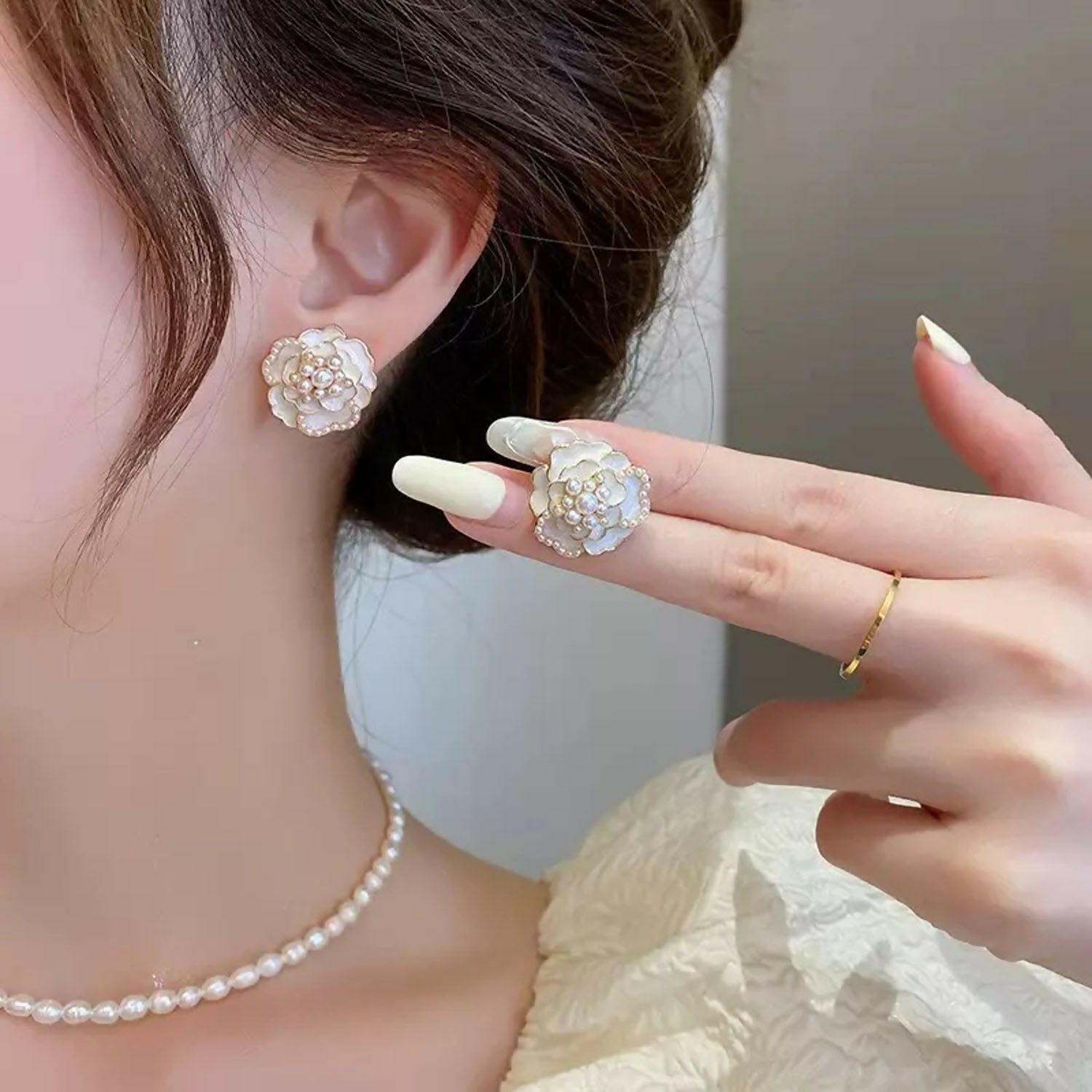 White Camellia Flower Stud Earrings – Elegant Micro-Pearl... - Image 2