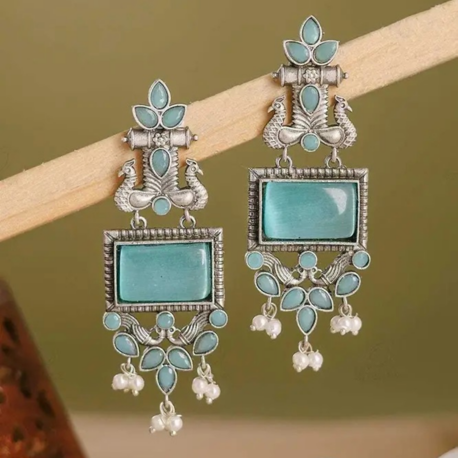 Oxidized Silver Earrings – Blue Stone & Pearl... - Image 2