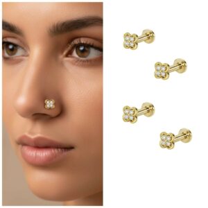 Gold Plated Clover Nose Stud – Comfortable Flat…