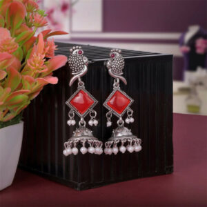 Oxidised Silver Red Stone Jhumka Earrings – Parrot...