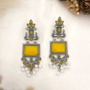 Oxidized Silver Yellow Stone Pearl Earrings – Traditional...