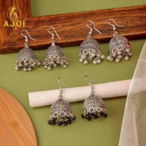 Oxidised Silver Jhumka Earrings Set - Pearl &...