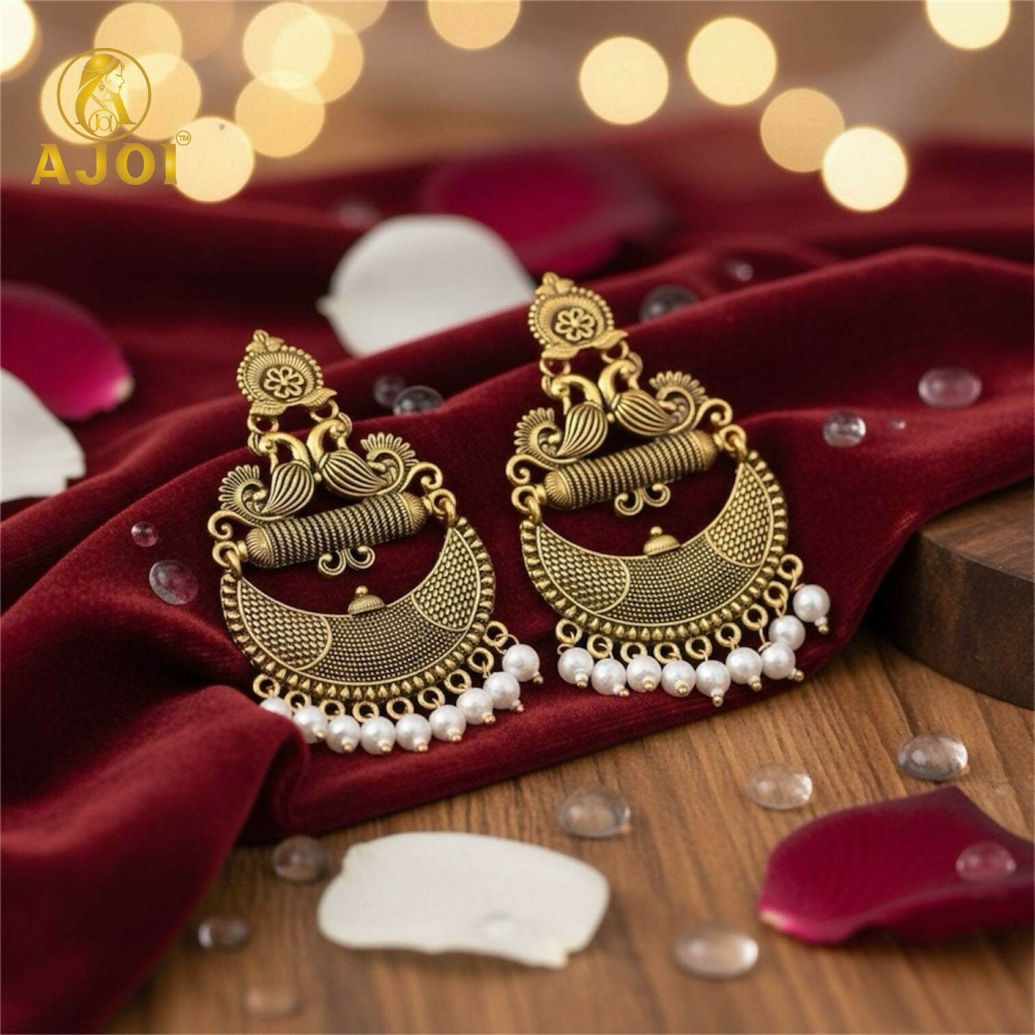 Antique Gold Tribal Chandbali Earrings – Elegant Pearl...